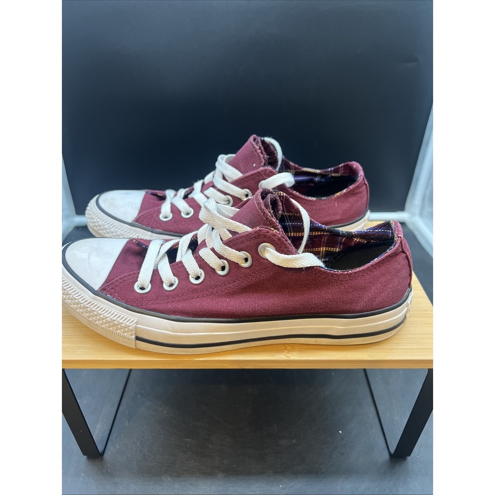 Converse Chuck Taylor All Star Low Top Burgundy Canvas Sneakers Plaid Womens 8.5